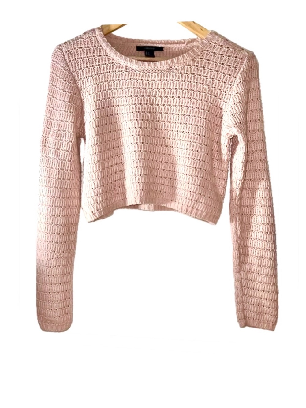 Blush Pink Crochet Look Long Sleeve Crewneck Pullover Mesh Knitwear Forever 21